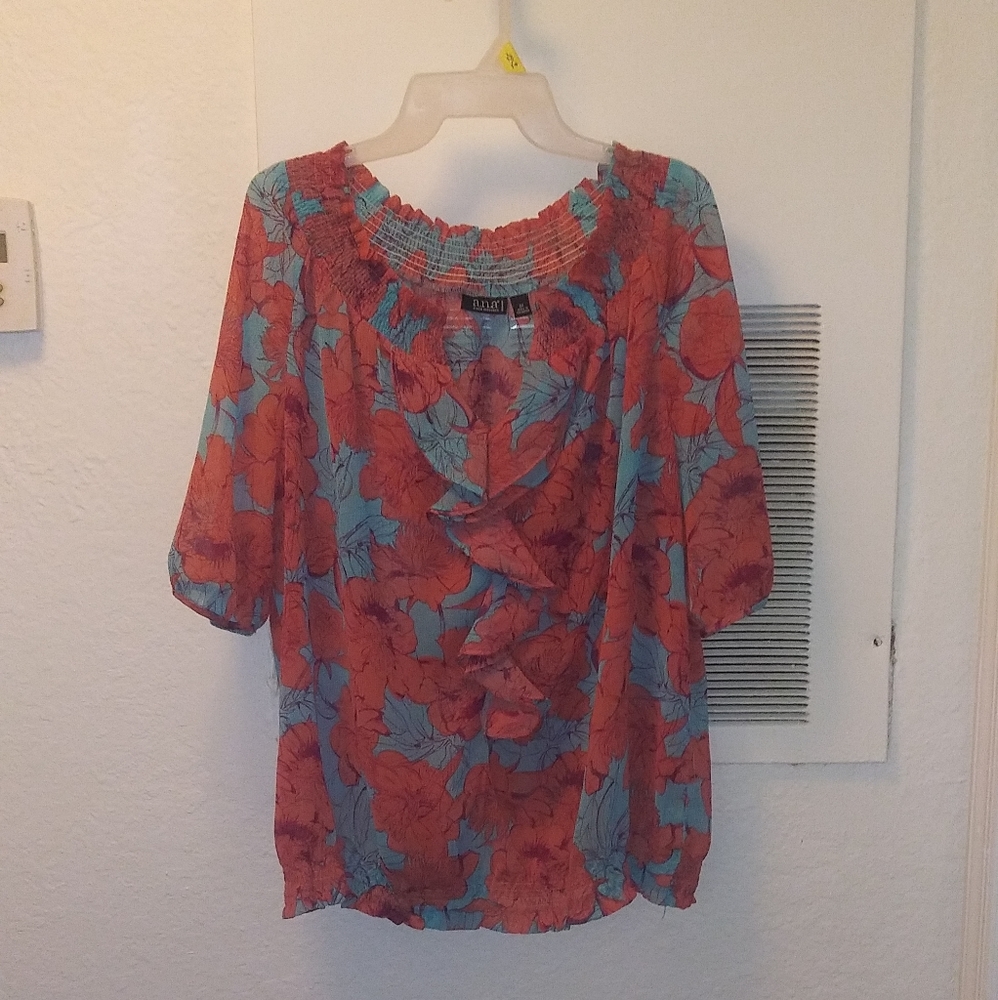 a.n.a Red Floral Ruffle Peasant Blouse with Blue Leaves